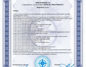 Сертификат соответствия техническое обслуживание и ремонт автотранспортных средств. Приложение №2.